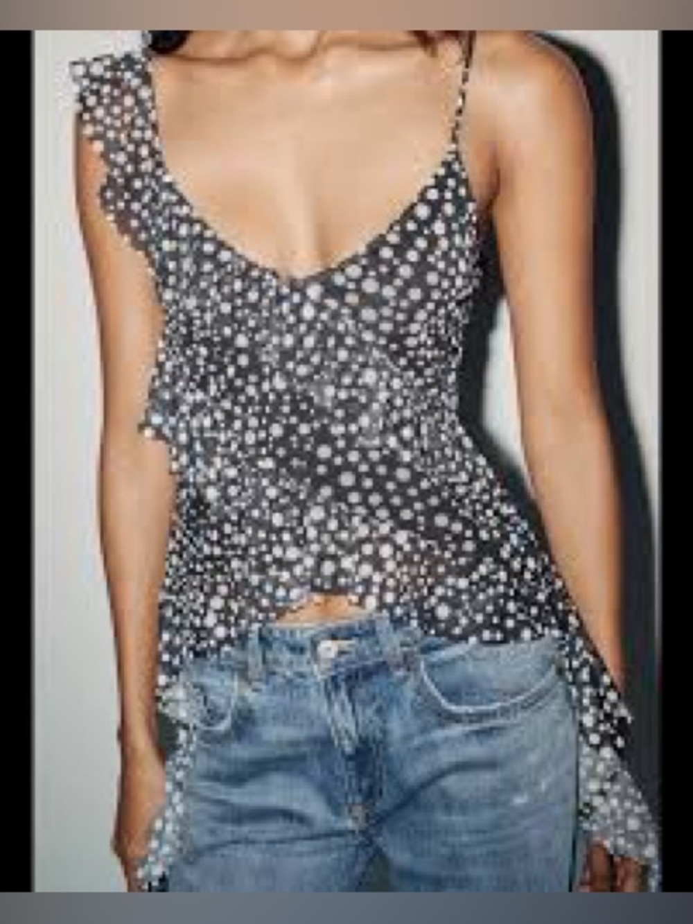 Zara Black and White Polka Dot Asymmetric Ruffle Cami